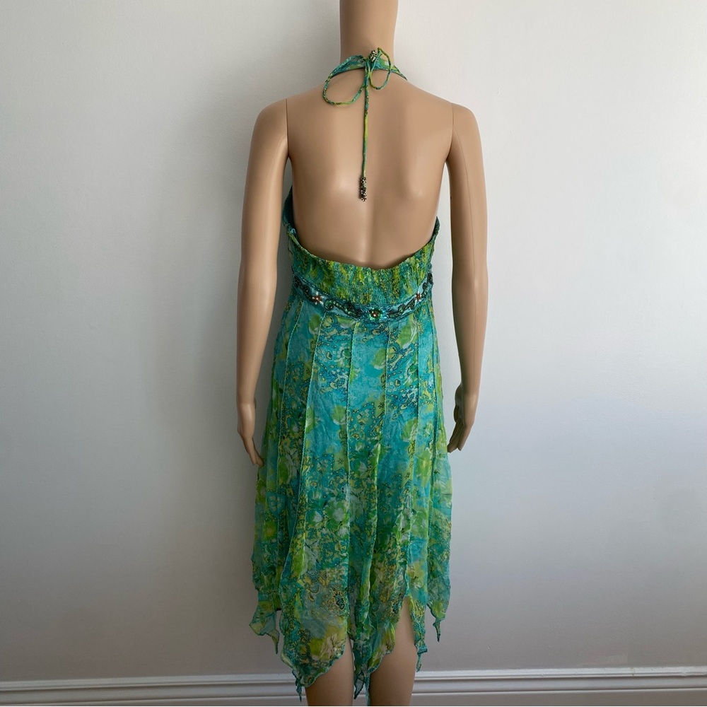 [SOLD] Vintage Sue Wong 100% Silk Green Halter Handkerchief Dress Beaded Size M - Picture 4 of 8